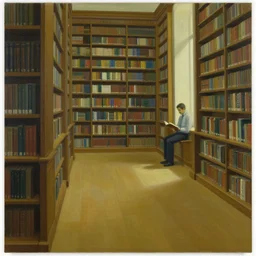 painting of an empty library, only a lone man reading. by edward hopper and james gilleard