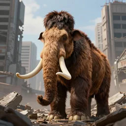 fur mammoth in a ruined city, stylized, artstation, hd, cgsociety, cgi, realistic, dramatic, cinematic, artistic, trending, detailed