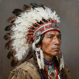 painting portrait of a native american wearing a white feather headdress, artstation, ultra detailed