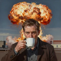 ultra realist soft painting of a nuclear bomb explosion, daily clothed man drinking his coffee, partial symmetry accurate features, very intricate details, focus, curvy, award winning, artstyle tom bagshaw