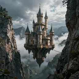 hyper realistic cinematic view of floating castle hanging by chains in the air, in between a gorge, below only cloud dark void, structured by chains and cables, 8 k resolution