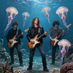 a rock band of jellyfish, hyper realistic style