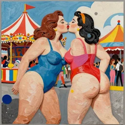two voluptuous curvy women kissing at a carnival, mixed media collage, retro, paper collage, magazine collage, acrylic paint splatters, bauhaus, abstract claymation, layered paper art, sapphic visual poetry expressing the utmost of desires by jackson pollock