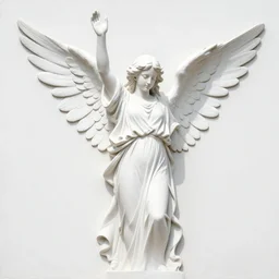 a stencil painting of a statue of an angel lifting her arms, white background, yellow halo