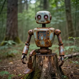 rusty robot with a human arm, sitting on a stump in the forest, high quality photo, sigma 5 5 mm
