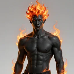 portrait of a beautiful young fit male spirit with fire hairs and coal black skin, fire halo, by greg rutkowski and alphonse mucha, d & d character, gradient red to yellow, in front of a desert background, highly detailed portrait, digital painting, artstation, concept art, smooth, sharp focus ilustration, artstation hq