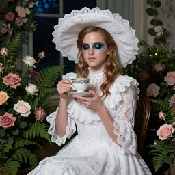 wearing raybands full body fashion model emma watson smokey eyes makeup eye shadow fantasy, glow, shimmer as victorian woman in a long white frilly lace dress and a large white hat having tea in a sunroom filled with flowers, roses and lush fern flowers ,intricate, night, highly detailed, dramatic lighting , high quality