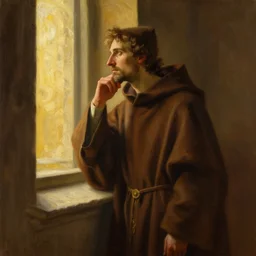 oil painting of a medieval dominican monk in robes, looking out a window contemplatively, digital art, artstation, cinematic, golden hour, digital art painting by greg rutkowski