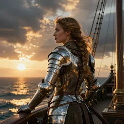 portrait of a ship on the sea with a medieval woman ship pilot from behind, dramatic golden neon sunset with storm clouds, wearing shiny breastplate, octane render, dynamic lighting, hyperrealistic, artstation