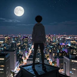 anime key visual, pov standing atop a skyscraper overlooking city at night, full moon and stars visible, colourful, high quality, hyperdetailed, hyperrealistic, anime style, 4 k hd,