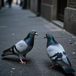 A pigeon in a dark alleyway talking to another shady pigeon, 4k