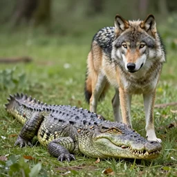 Photomorph that fuses a crocodile with a wolf, realistic photoshop artwork