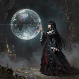 By Tom Bagshaw, ultra realist soft painting render of a curiosities carnival scene, Albedo from Overlord in long curvy gothic dress watching an octane render of a floating transparent glass sphere, reflection and refraction, gods ray, symmetry accurate features, very intricate details, deep fog, dark fantasy background, artstation