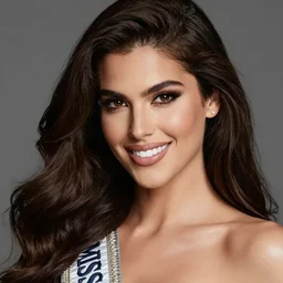 Fine art photo of the most beautiful woman of the Miss Universe, she is posing while maintain a sweet eye contact to the camera, she is mexican, she has perfect white teeths, high definition quality portrait in the style of Ellie Victoria Gale, Annie Leibovitz and Steve McCurry, photorealistic, matte painting