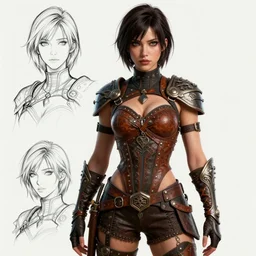 rogue, fantasy ornate leather bandit outfit!!! beautiful and athletic short hair female!! gorgeous face and eyes!! character concept art, sharp focus, octane render! unreal engine 5! highly rendered!! trending on artstation!! detailed linework!! illustration by artgerm, chie yoshii, and wlop