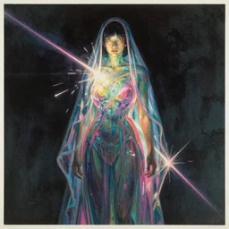 gum bichromate print of awe-inspiring award-winning concept art full body face portrait painting of lithe, petite, attractive anglerfish cyberpunk Ashley Liao in neon shrouds as the goddess of lasers, sparks, by Julie Bell, Jean Delville, Virgil Finlay, Alphonse Mucha, Ayami Kojima, Amano, Charlie Bowater, Karol Bak, Greg Hildebrandt, Jean Delville, Frank Frazetta, Peter Kemp, and Pierre Puvis de Chavannesa, extremely moody lighting, glowing light and shadow, atmospheric, shadowy, cinematic, 8K,