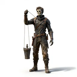 battle-worn puppeteer with marionette, high detail digital art, full body, standing, isolated on a pure white background, centered, whole figure in frame, sharp focus, studio lighting