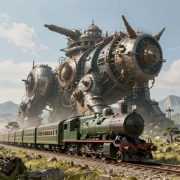train landscape. incredibly colossal giant ancient train. extremely high details, artstation contest winner, masterpiece, fantasy art, steampunk, digital art by anthony brault, hubert robert - n 4