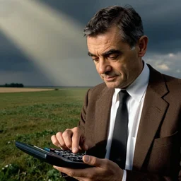 dramatic photo of mr bean trying to use calculator