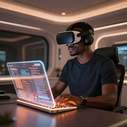 handsome black genius hacking the metaverse, vr headset, holographic keyboard and curved digital holographic displays, luxury interior, electric orange glowing lights, highly detailed, digital painting, artstation, concept art, smooth, sharp focus, illustration, art by wlop, mars ravelo and greg rutkowski