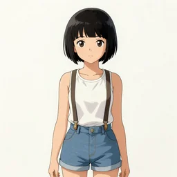 a girl with black hair pixie cut in shorts with suspenders drawn by shinkiro, norman rockwell, frank frazetta, peter paul rubens, alphonse mucha, gustav klimt 4k, unreal 5, DAZ, trending on artstation, octane render, hyperrealistic