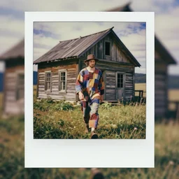 polaroid of patchwork cloth man walking by old cabin