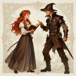an epic fantasy comic book style painting of a young red headed girl with a book in one arm meeting a friend who is a young boy thief with blonde wearing plain brown leather thief clothes, d & d, fantasy, intricate, elegant, highly detailed, digital painting, artstation, concept art, matte, sharp focus, illustration, art by artgerm and greg rutkowski and alphonse mucha