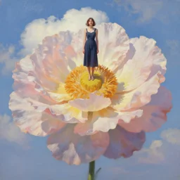 giant flower head, woman standing, surreal, clouds in sky, impressionist painting, digital painting, artstation, rob gonsalves