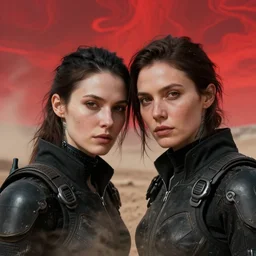 cinestill 5 0 d photographic portrait of two loving female androids wearing rugged black techwear on a desolate plain with a red topographic holographic sky, extreme closeup, cyberpunk style, dust storm, 8 k, hd, high resolution, 3 5 mm, f / 3 2, ultra realistic faces, ex machina