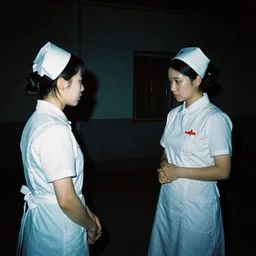 A liminal expired 35mm photograph of Silent Hill 2 with a nurse, flash photography