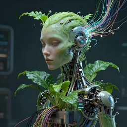portrait photo of a biomechanical an elegant plant cyborg plugged into a quantum computer with cables and wires and optic fibers. cyberpunk horror style. art by luis royo. highly detailed 8 k. intricate. nikon d 8 5 0 5 5 mm. award winning photography.