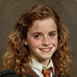 Painting of Emma Watson as Hermione Granger. Smiling. Happy. Cheerful. Art by william adolphe bouguereau. Extremely detailed. Extreme close up. Beautiful. 4K. Award winning.