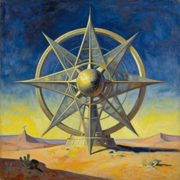 a strange big sacred geometry pagan otherworldly monument in the middle of a desert, uncomfortable atmosphere, very expressive, powerful painting, collab by dali, carrington and beksinski