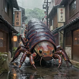 a painting of a massive tardigrade in a rain soaked back street in osaka, digital art, trending on artstation, by studio ghibli and greg rutkowski. spirited away. trending on artstation, hyperrealism, unreal engine