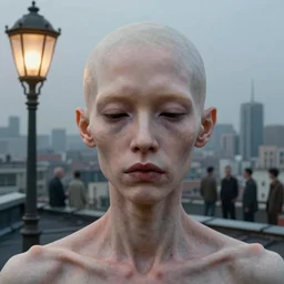 closeup portrait of eyeless cyborg albino mandarin with thin, stained lips and smoking eye sockets standing under rococo lamp on rooftop overlooking the city, science fiction concept art by j. c. leyendecker, greg rutkowski, beksinski, stephen gammell, deak ferrand, anato finnstark, yoshitaka amano, and rembrandt