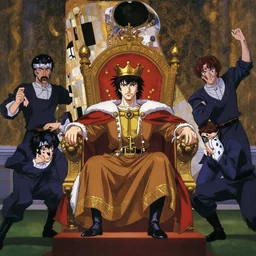 key anime visual portrait of a king's throne, king, servants, dynamic pose, cinematic, film grain, designed by yoh yoshinari and kuvshinov, detailed, intricate, at night, dramatic lighting, interior by gustav klimt