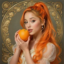 beautiful cottagecore Ariana Grande holding an Orange orange, orange hair, intricate, elegant, highly detailed, digital painting, artstation, concept art, smooth, sharp, focus, illustration, art by artgerm and greg rutkowski and alphonse mucha