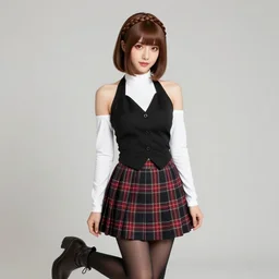 portrait photo of a beautiful young woman with brown hair in a bob cut with blunt bangs and a french - braid styled headband that matches her hair color. her eyes are red, she wears a black halter vest over a long - sleeve white shirt with a turtleneck. she wears black and red pleated plaid skirt, black pantyhose and black - brown ankle boots. professional photography