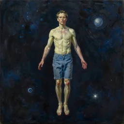 alan watts floating in the universe full body oil on canvas painting highly detailed, featured on artstation