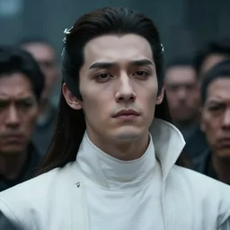 portrait of a regal prince with sharp cheekbones, white clothes, high collar, close up, wistful melancholic hopeful expression. he is surrounded by angry people. super details, modern digital art, matte painting, science fiction