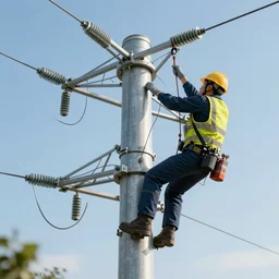engineer climbing a power transmission line support, high tech equipment, long shot, motion blur, sharp focus, illustration, highly detailed, photorealistic, artstation, octane render, unreal engine,