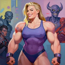 greg manchess portrait of margot robbie as happy thick female bodybuilder zarya from overwatch in disco elysium, epic grimdark, fantasy, medium shot, asymmetrical, profile picture, organic painting, sunny day, matte painting, bold shapes, hard edges, street art, trending on artstation, by huang guangjian and gil elvgren and sachin teng