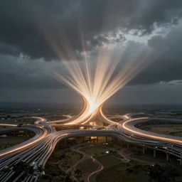 futuristic branching and weaving structure stretching out across the countryside, beautiful dynamic lighting, cinematic, wide angle establishing shot, extremely high detail, photo realistic, cinematic lighting, post processed, concept art, artstation, matte painting, style by eddie mendoza, raphael lacoste, alex ross, volumetric lighting, light rays, photorealistic, ultrarealistic, moody, coronarender, 8k