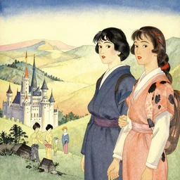 vintage cinematic landscape watercolor by bruce pennington and by mary cicely barker, portrait of a lady by francois schuiten and by yoshitaka amano, 7 0 s sci - fi art book cover by mary blair, craig russel art, japanese woodblock, the magic castle by makoto kobayashi, jinbi shansui