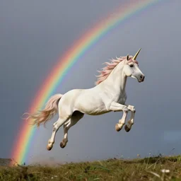 a unicorn flying while making an rainbow arc