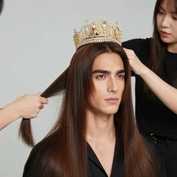 handsome man with shiny and silky long hair getting hair styled by a hair queen wearing a golden crown studded with diamonds, studio lens