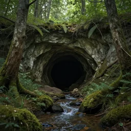 1 1 1 1 cave entrance surrounded by trees with a small water stream coming out of it, fantasy, highly detailed, art by greg rutkowski