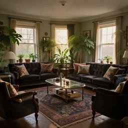 sunrise 3 5 mm warm photo of a tastefully decorated living room with dark luxurious furnishings and a mix of antique and modern furniture and plants, many plants, leica, very detailed, hyperrealistic, peter doig