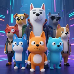a group of lawbreaking dogs trying to look smart, cyberpunk art by yumihiko amano, cgsociety, figurative art, toonami, zbrush, official art