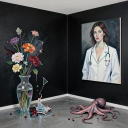 empty room with black walls, sensual portrait of a female pathologist, broken vase of flowers and water, octopus, squashed berries, neo - expressionism, surrealism, acrylic and spray paint and oilstick on canvas